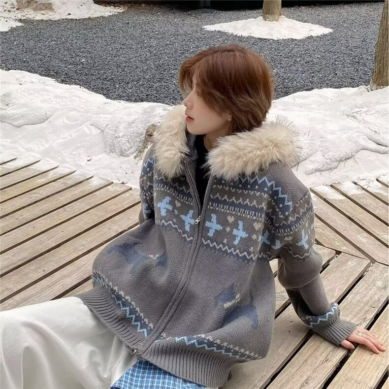 CHICXIXI25AW复古费尔岛大毛领连帽开衫双拉链毛衣外套男女秋冬,男装针织衫/毛衣,四季星座505