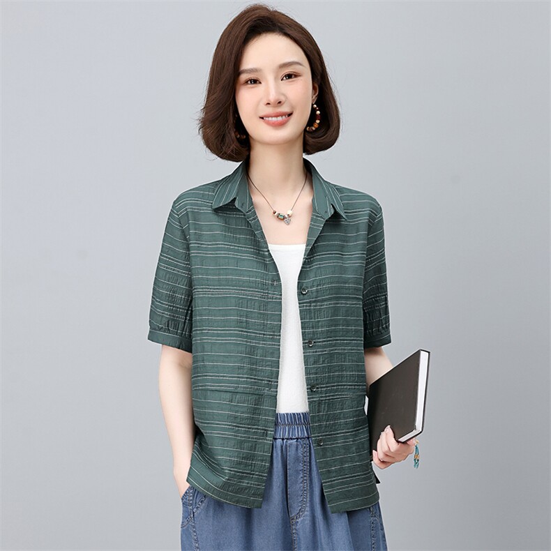 2025夏季新款时尚气质宽松显瘦休闲舒适潮流条纹上衣,女装衬衫,独衣靓