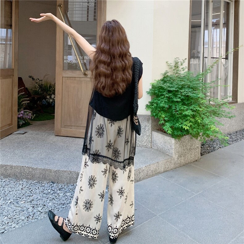 设计感时尚网纱拼接马甲印花阔腿裤套装女2025夏季新款休闲两件套,女装套装/套裙,2C095