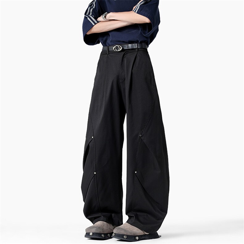 特批P35无差价2025夏季新款潮流美式纯色褶皱宽松弯刀裤男K5901，男装休闲裤，电商A001