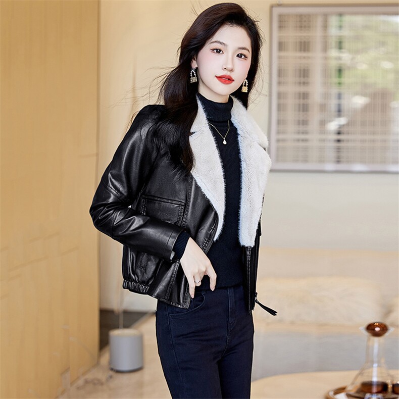 冬季夹棉小皮衣外套女秋冬韩版短款夹克小个子仿羊羔毛翻领PU皮棉衣,女装皮衣,江南女神