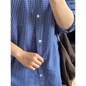 格子衬衫春夏美式蓝色格子衬衫港风情侣装休闲长袖衬衣CS276-P35图片