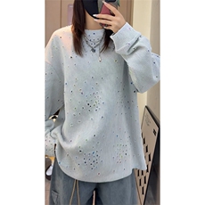 彩色星星提花破洞圆领卫衣男女设计感美式长袖t恤W4682-特价P50，男装卫衣，电商A007