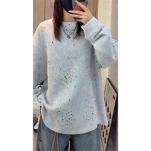 彩色星星提花破洞圆领卫衣男女设计感美式长袖t恤W4682-特价P50图片