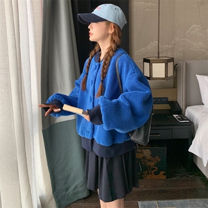 蓝色羊羔毛棒球服外套女2024冬季新款学院风宽松休闲加厚夹克上衣图片