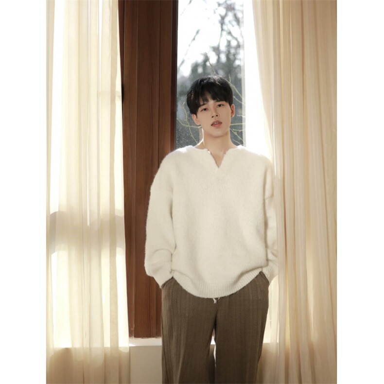 美式复古V领毛衣宽松慵懒风高级感马海毛针织衫外套潮男LF01P60，男装针织衫/毛衣，电商D256-1(原A064-1)