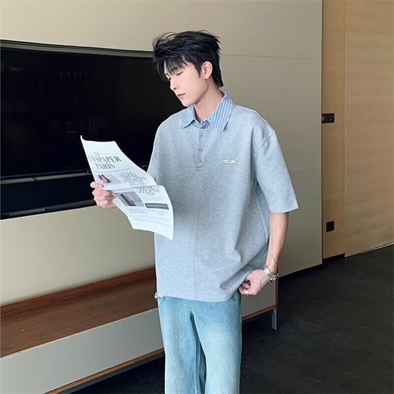 韩系假两件短袖POLO衫男生刺绣藏青色氛围感上衣干净穿搭T恤潮牌,男装T恤,星座506A