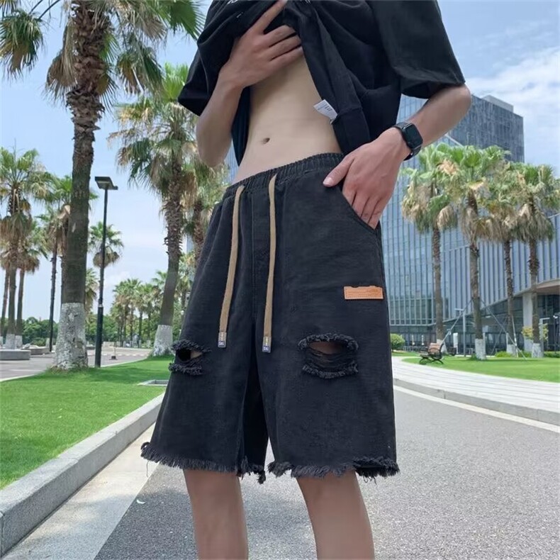 水洗破洞牛仔短裤男夏季潮牌美式痞帅毛边炸街短D912-P32,男装牛仔裤,星座1001-1