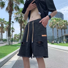 水洗破洞牛仔短裤男夏季潮牌美式痞帅毛边炸街短D912-P32，男装牛仔裤，星座1001-1