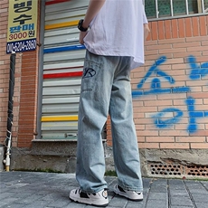 美式复古水洗牛仔裤男斜口袋夏季高街宽松裤子阔腿长裤8151-P45，男装牛仔裤，星座1001-1