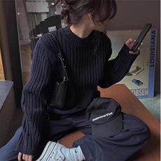 时尚百搭法式坑条短款圆领羊毛衫显瘦修身针织毛衣女秋冬新款，女装羊毛衫，泰沅羊绒