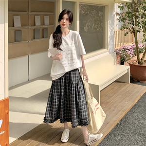 学院风字母T恤格子半身裙套装女2025夏新款韩系休闲小个子两件套图片