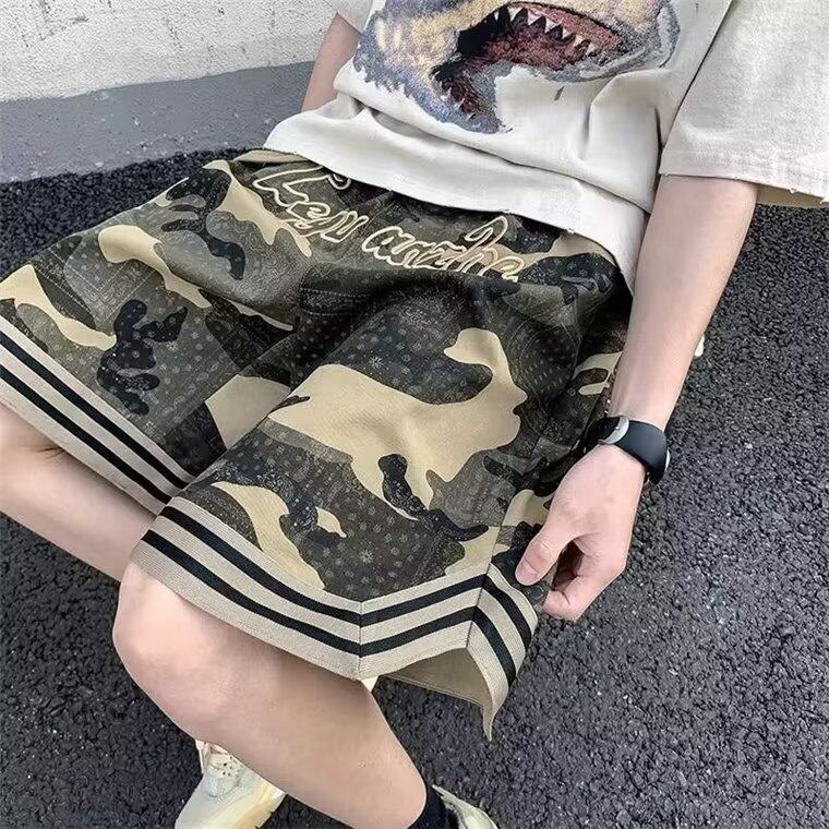 美式复古迷彩工装短裤男女夏季潮牌宽松五分休闲篮球运动裤子,男装牛仔裤,星座410-7