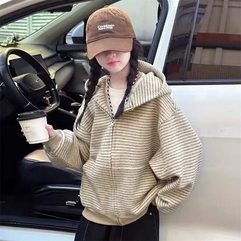 W62-P60 2025年复古毛织拉链连帽开衫灰色慵懒松弛高级感春秋外套图片