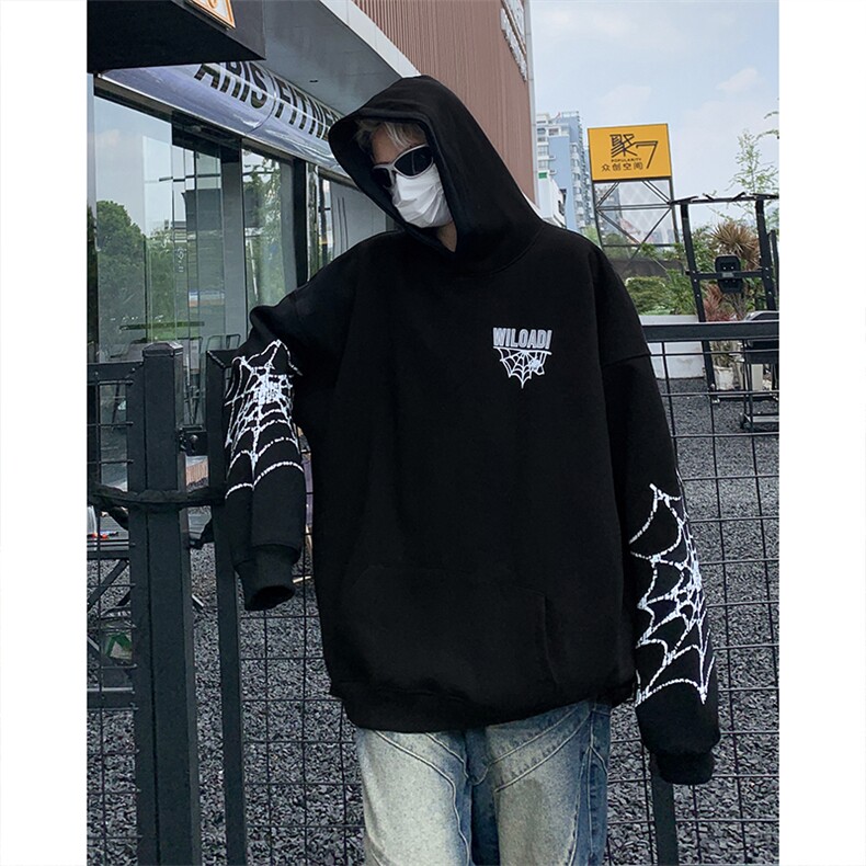 港风秋款男连帽套头卫衣字母蜘蛛网刺绣休闲夹克外套WY8036P55,男装卫衣,星座1013-1