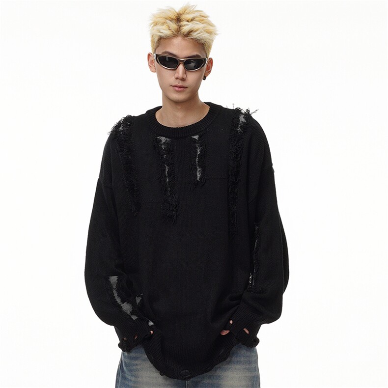 高街毛须设计感破洞毛衣男秋冬慵懒风美式街头针织衫MZ610-P45，男装针织衫/毛衣，星座412-2