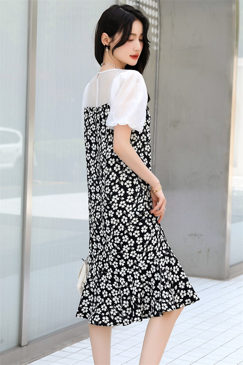假两件拼接花朵连衣裙女夏2025年新款减龄甜美荷叶边裙子,女装连衣裙,天丽