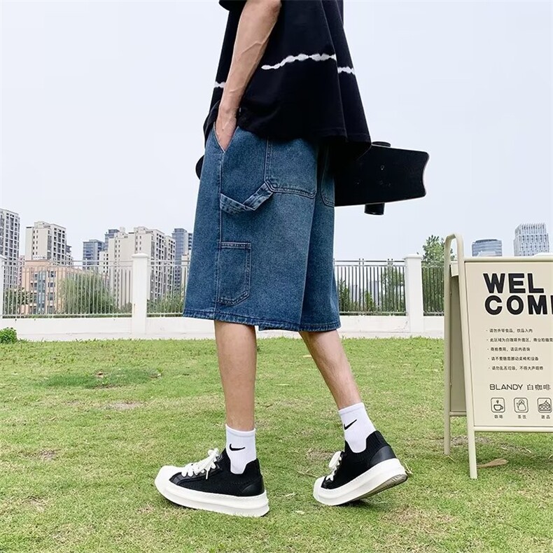 牛仔短裤男款夏季薄款宽松工装五分裤美式潮牌高街直筒松紧腰中裤,男装牛仔裤,星座1013