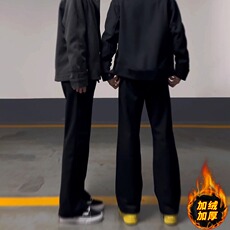 黑色美式微喇卫裤男款秋冬高个子cleanfit裤子加绒修身运动直筒裤，男装休闲裤，星座813-2