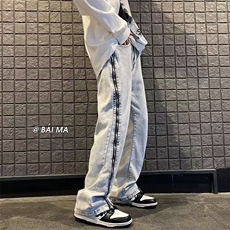 3080-P52春秋季美式复古街头水洗牛仔长裤男士宽松直筒情侣，男装休闲裤，电商B323A