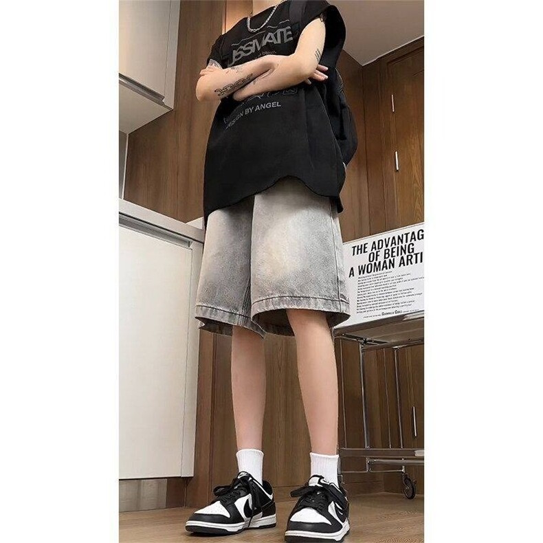 水洗做旧牛仔短美式复古中裤宽松显瘦直筒阔腿五六分裤24124 P35图片