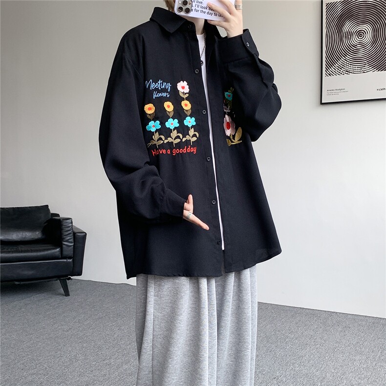 现货CS7186-P42特控78大码立体花卉刺绣华夫格长袖衬衫,男装衬衫,电商D232