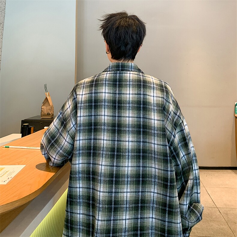 衬衫男春季新款港风宽松大码磨毛格子长袖衬衣CS2019-P35,男装衬衫,星座214-3