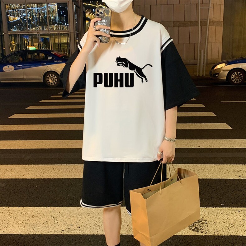 夏季短袖T恤套装青少年纯棉吸汗休闲两件套宽松男装TZ393P60控89,男装休闲套装,电商A086