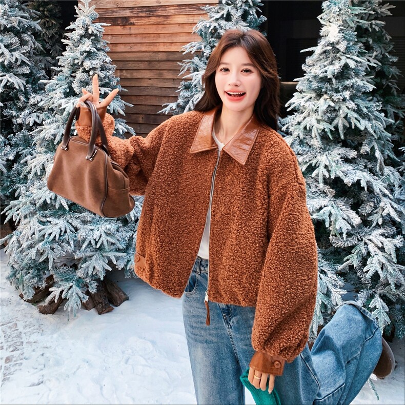 小个子撞色拼接羊羔毛加厚棉服皮毛一体外套2C325-563P175K268,女装短外套,2C325
