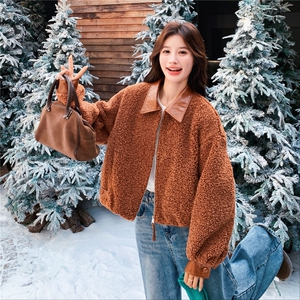 小个子撞色拼接羊羔毛加厚棉服皮毛一体外套2C325-563P175K268图片