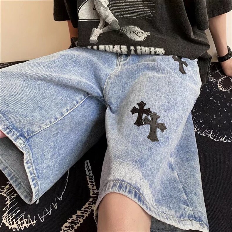 牛仔短裤男夏季港风新款松紧腰高街青少年宽松直筒休闲五分裤图片