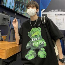 港风短袖上衣男夏潮流小熊印花百搭五分半袖T恤 A071-5522-P28图片
