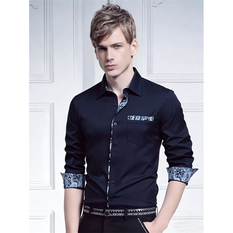 新款男士三角领腰果花拼色长袖衬衫A355P45，男装衬衫，星座1314