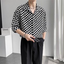 现货2024新款夏季港风格子七分袖短袖衬衫男DS-A328P55,男装T恤,星座406