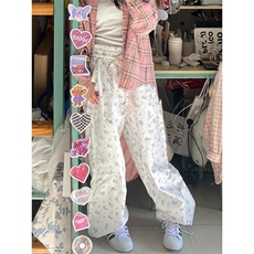 美式白色碎花工装裤女夏季薄款2026新款宽松休闲小个子阔腿运动裤，男装工装外套，星座601-1