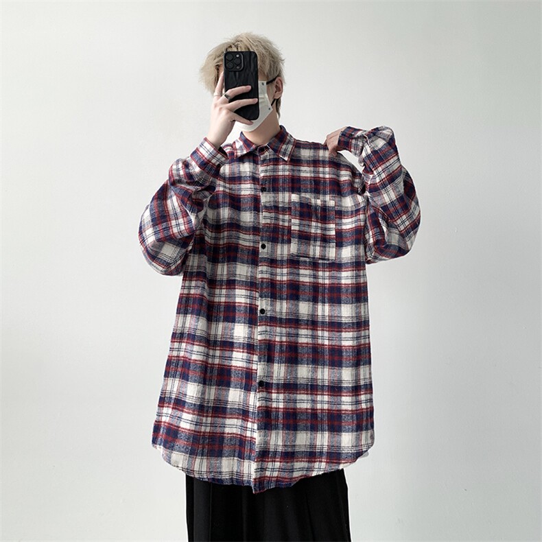 现货港风宽松男生格子长袖衬衫KD611-P4568,男装衬衫,电商D312-1