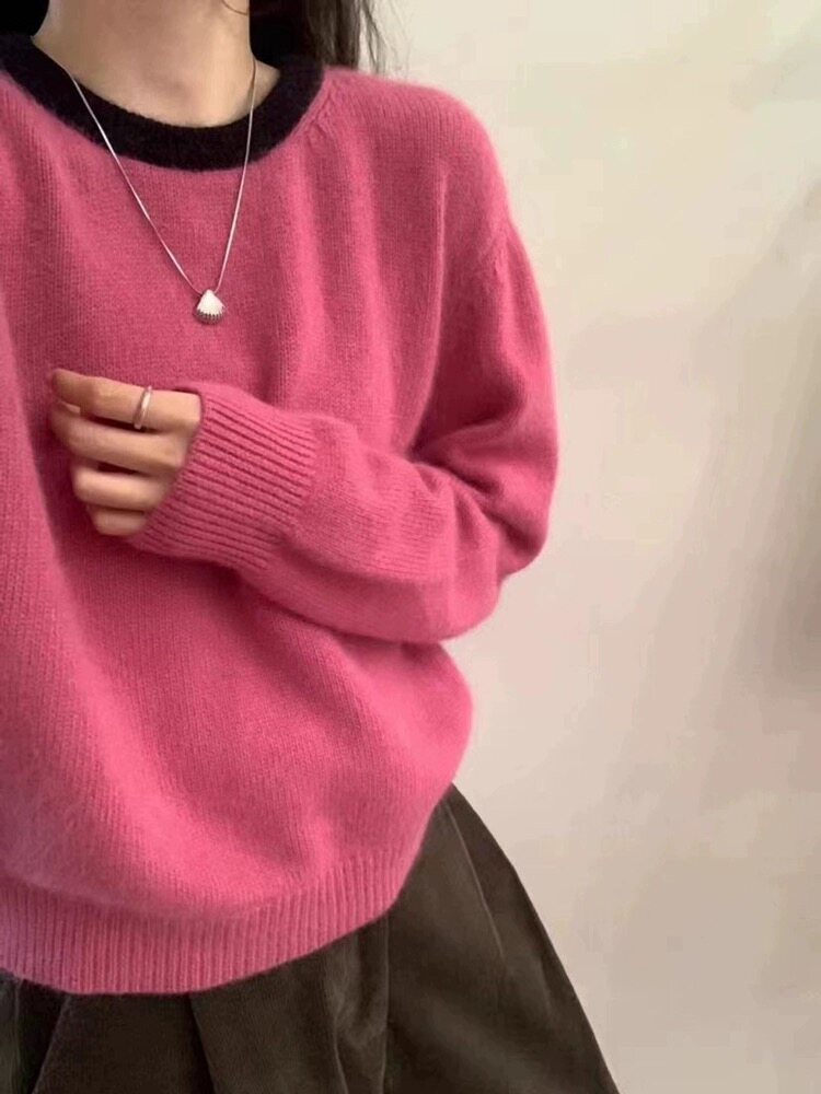 圆领羊毛衫女宽松软糯慵懒风撞色拼接套头打底衫图片