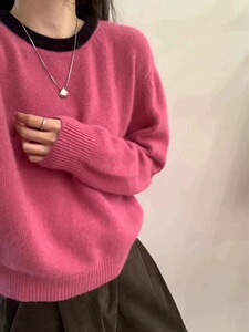 圆领羊毛衫女宽松软糯慵懒风撞色拼接套头打底衫