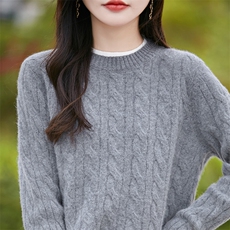 25秋冬100%纯羊毛衫女圆领拼色扭花假两件针织毛衣宽松加厚羊绒衫，女装羊毛衫，暖烁羊绒