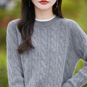 25秋冬100%纯羊毛衫女圆领拼色扭花假两件针织毛衣宽松加厚羊绒衫