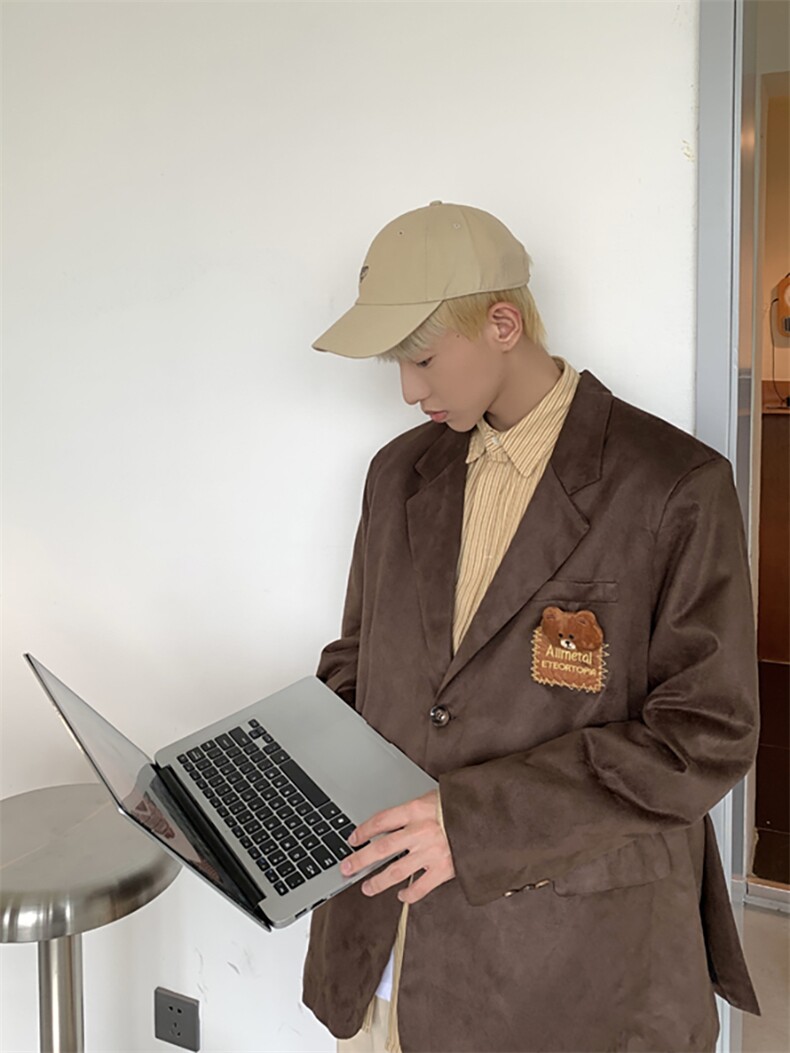 【2025秋冬】新款麂皮绒西服送小熊西装宽松韩版慵懒学院风外套,男装西服套装,星座112A