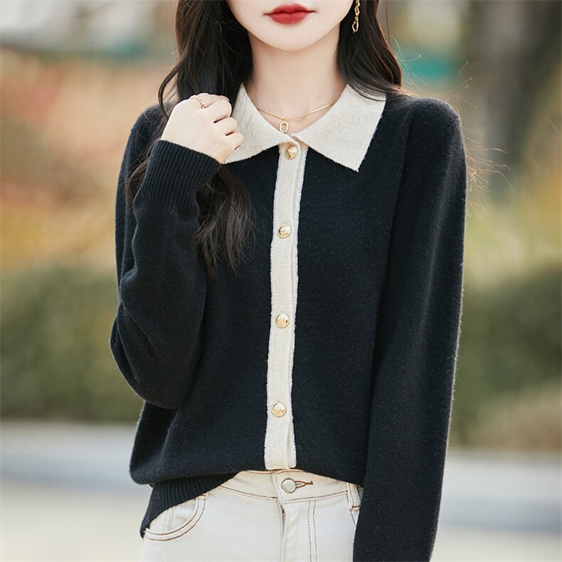 小香风100%纯羊毛开衫女POLO领拼色针织外套上衣宽松羊绒毛衣衬衫,女装羊毛衫,蒙特羊绒
