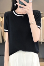 短袖t恤女2025新款大码女装夏季薄款冰丝时尚拼接减龄针织衫上衣，女装针织衫/毛衣，萱芳婷羊绒