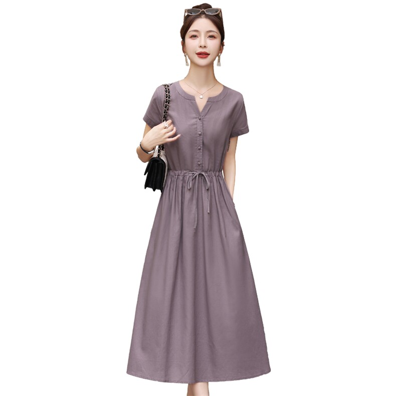 中长款棉麻连衣裙女2024夏季新款收腰气质显瘦高端减龄裙子a字裙,女装连衣裙,鑫思依格
