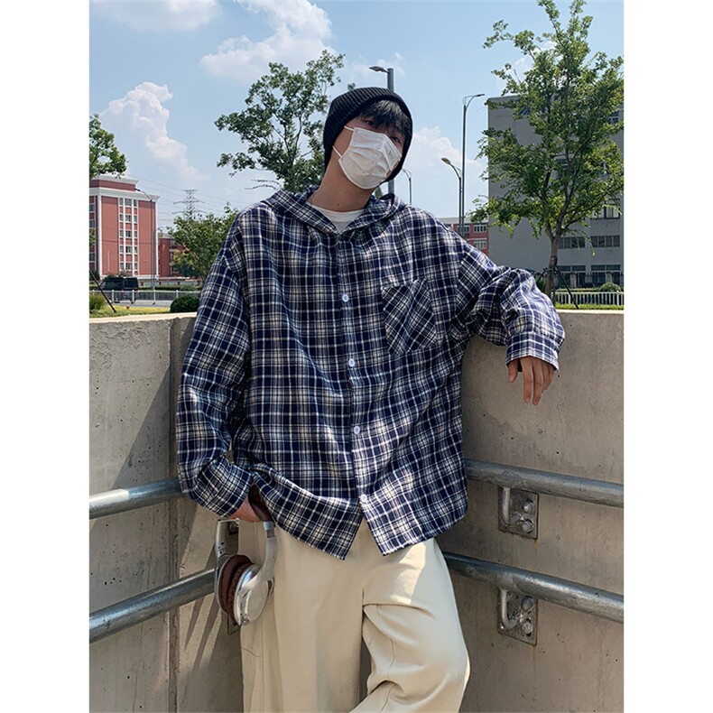连帽格子衬衫男女宽松休闲百搭高级感长袖上衣外套C2271-特价P36,男装衬衫,电商A007
