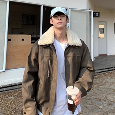 冬季复古毛领夹棉外套男加厚保暖美拉德皮衣机车服棉衣，男装夹克，星座506A