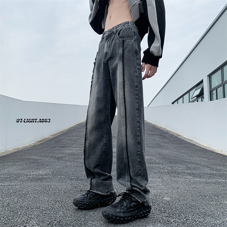 美式ins高街hiphop重工艺水洗毛边牛仔裤货号K712P65图片
