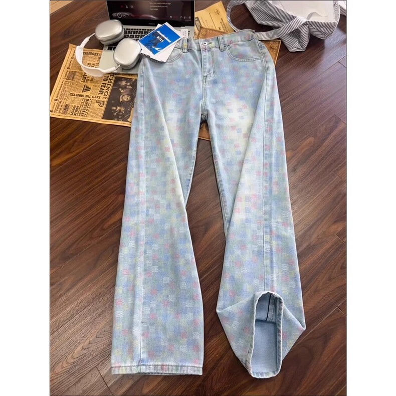 秋季新款弯刀裤彩格高街vibe复古宽松阔腿牛仔裤男女LB31777-P48，男装牛仔裤，星座1008