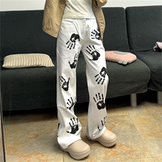 K7112-P46嘻哈美式小众设计感手掌印花牛仔长裤男女个性宽松，男装休闲裤，电商B323A