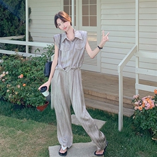 小众设计感纹理薄款衬衫套装女2025夏季新款休闲显瘦阔腿裤两件套，女装套装/套裙，2C095